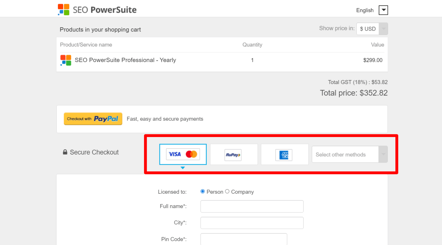 SEO Powersuite Billing Page
